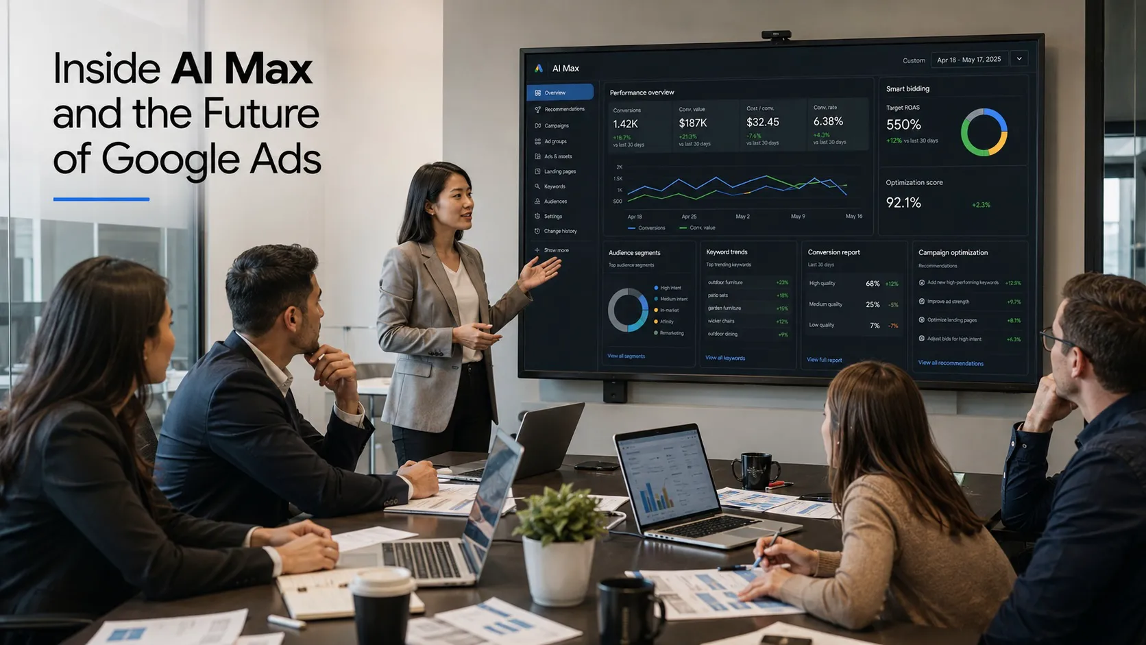 AI Max advertising dashboard displayed on a laptop in a modern office workspace with campaign analytics, Smart Bidding metrics, handwritten PPC notes, and ROAS calculations on a wooden desk.