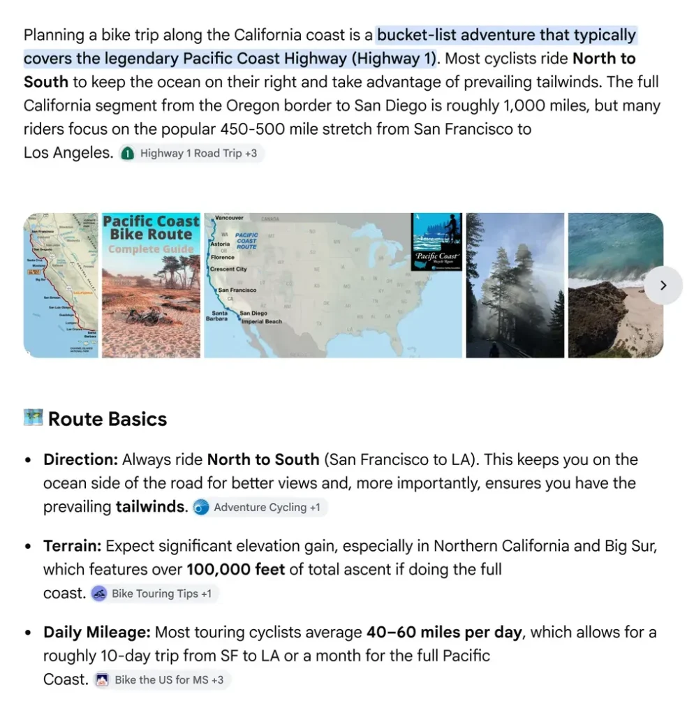 Google Search example showing AI Overviews and AI Mode with inline source links, image results, and bike trip planning details.
