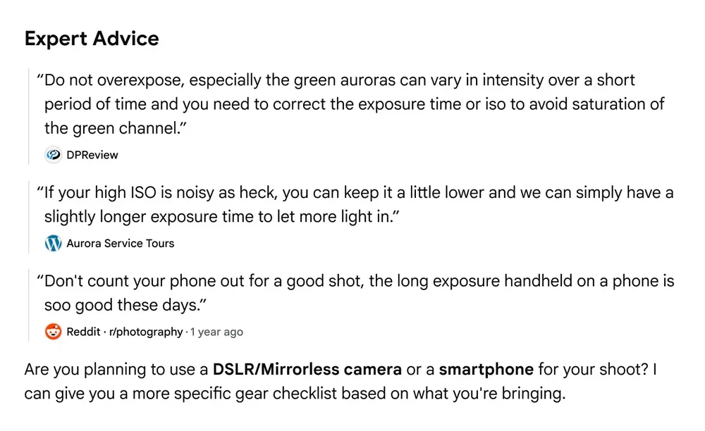 Google Search example showing AI Overviews and AI Mode with expert advice, firsthand source quotes, and follow-up guidance.