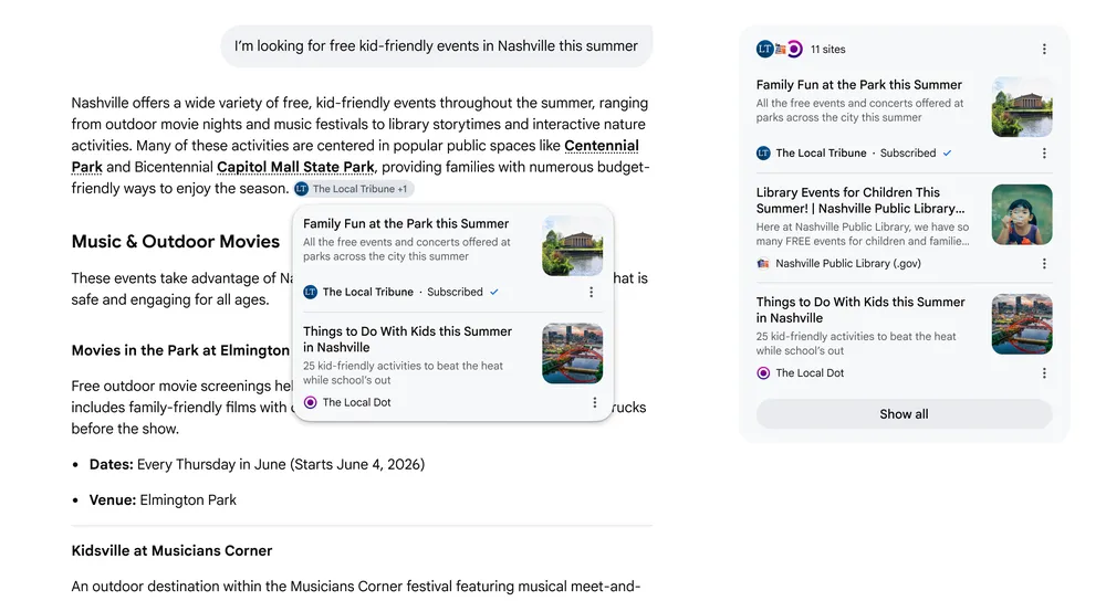 Google Search result example showing AI Overviews and AI Mode with source links, article suggestions, and further exploration prompts.
