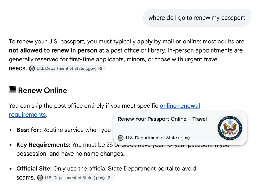 Google Search example showing AI Overviews and AI Mode with passport renewal guidance, official source links, and website previews.