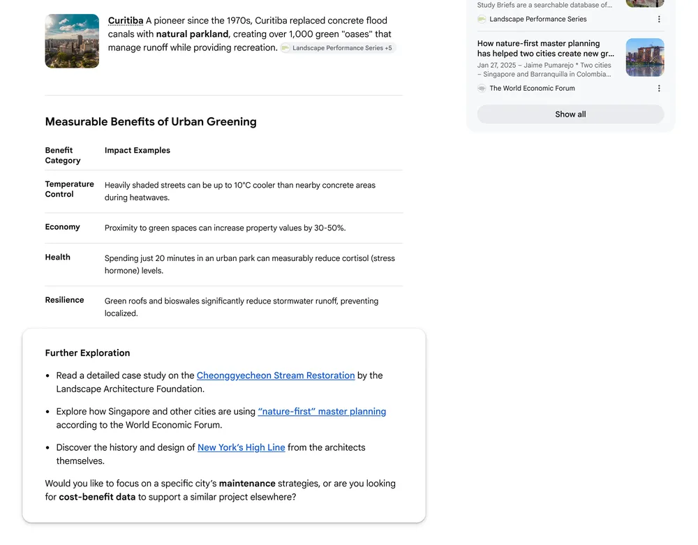 Google Search result example showing AI Overviews and AI Mode with source links, article suggestions, and further exploration prompts.