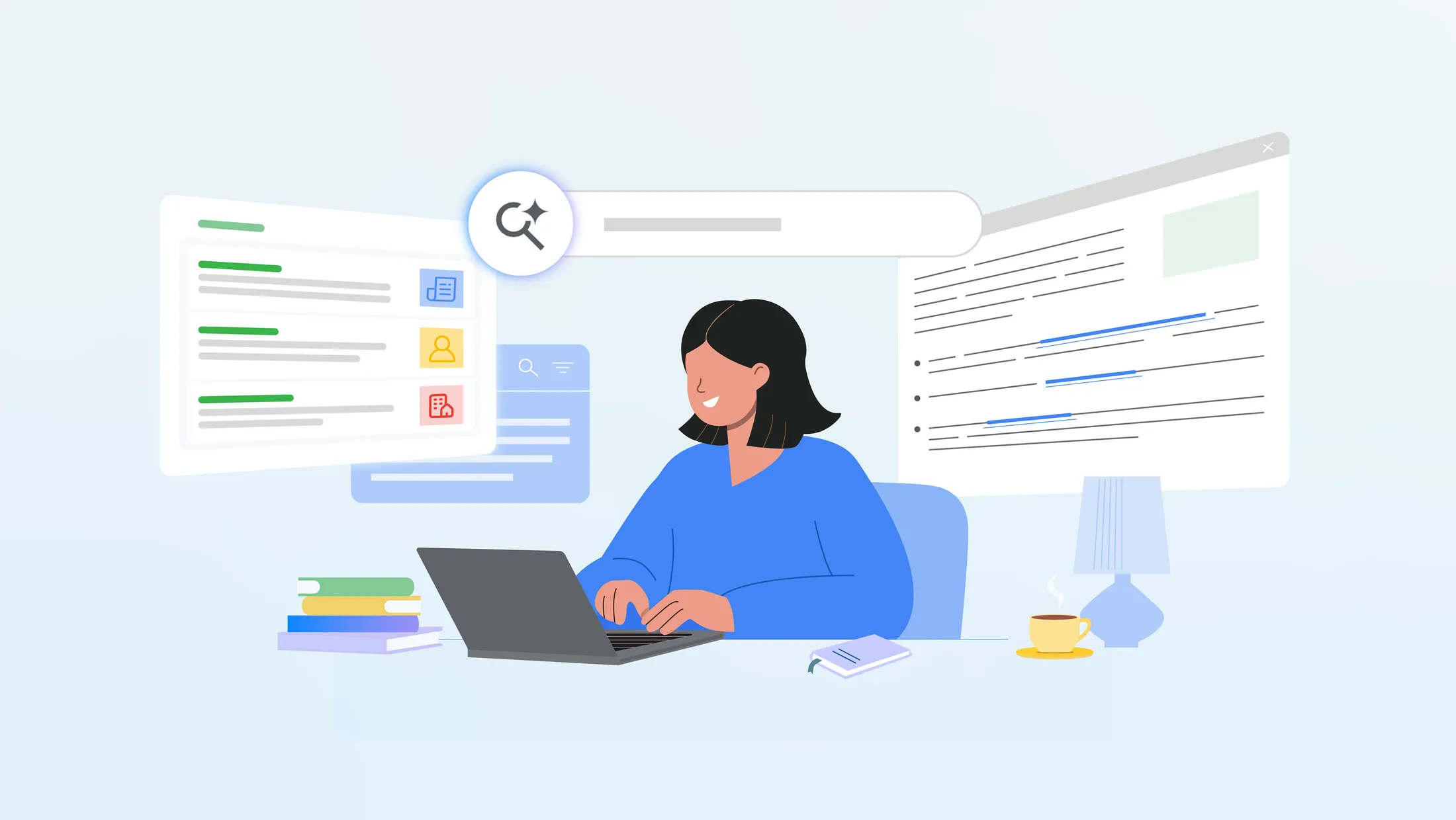Illustration of a person using a laptop with search result panels, highlighting AI Overviews and AI Mode in Google Search.