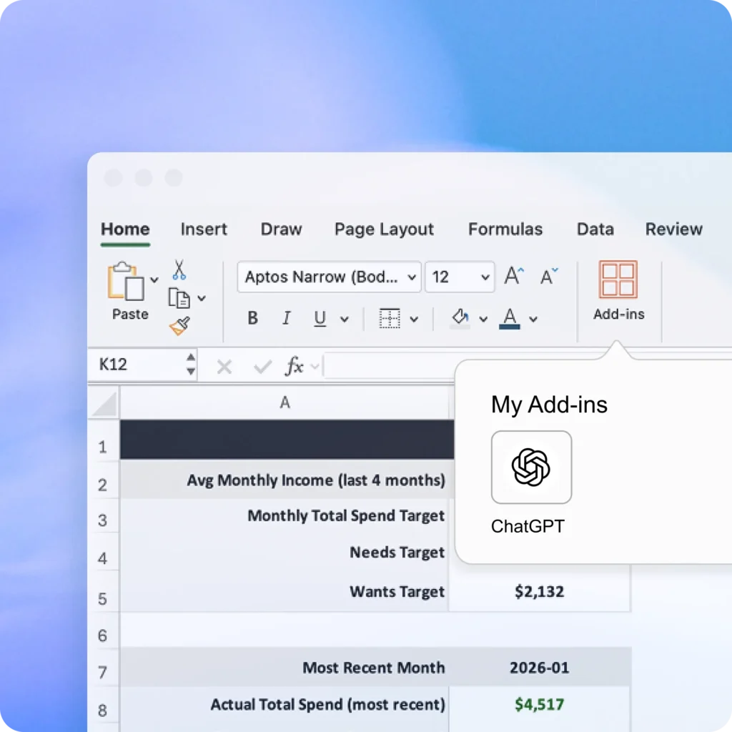 ChatGPT for Excel add-in displayed inside Microsoft Excel with budgeting spreadsheet data and financial targets visible on screen