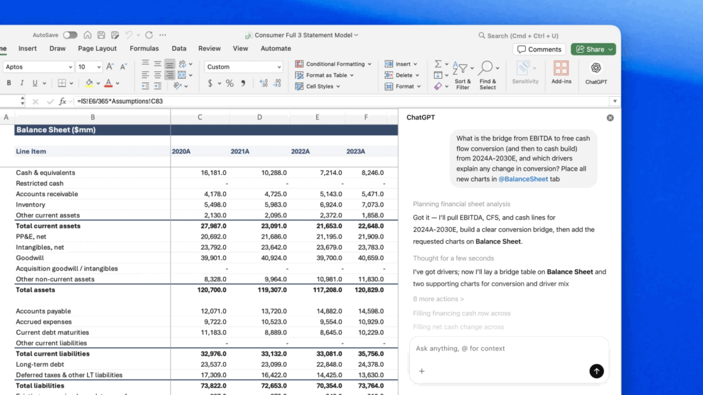 ChatGPT for Excel shown inside Microsoft Excel analyzing a financial spreadsheet with AI-generated balance sheet insights