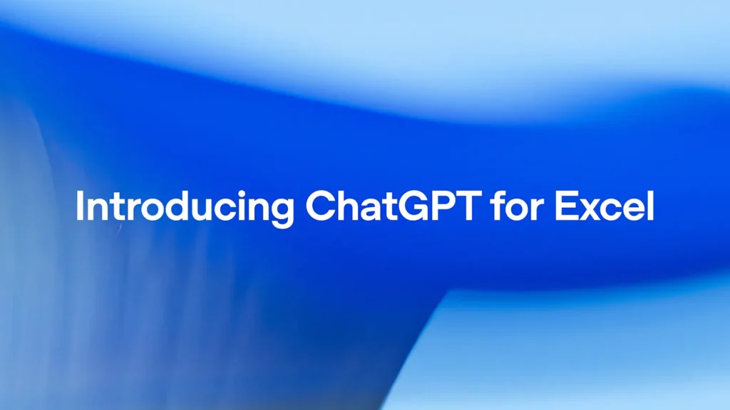ChatGPT for Excel announcement graphic with large white text over a blue abstract background