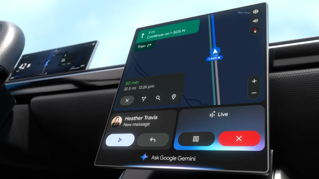 Google built-in car display showing Google Maps navigation, a new message alert, and an Ask Google Gemini prompt.