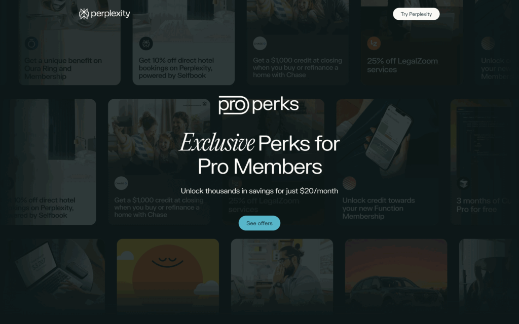 Perplexity Pro membership perks page showing exclusive partner discounts, savings offers, and premium member benefits in a sleek promotional interface.