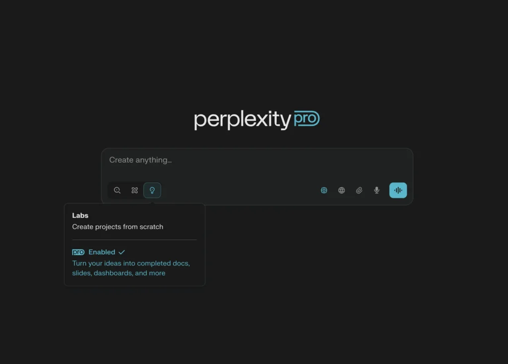 Perplexity Pro interface showing the Labs feature enabled with tools for creating documents, slides, dashboards, and AI-powered projects in a sleek dark-themed workspace.