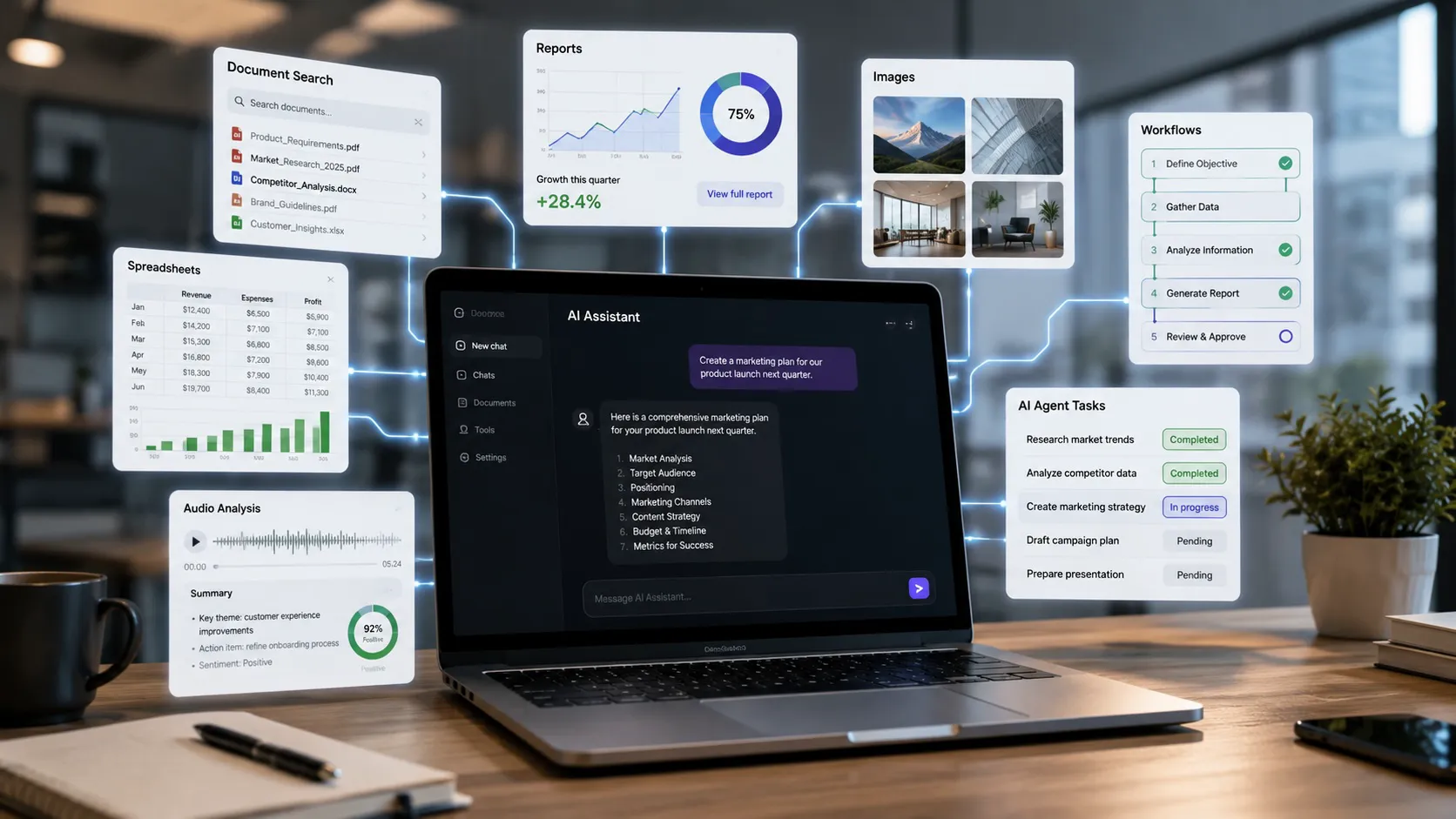 AI Evolution illustration showing a conversational AI interface expanding into document search, spreadsheets, reports, images, audio analysis, workflows, and AI agent tasks within a connected digital ecosystem.