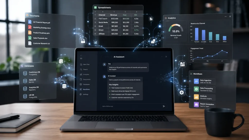 AI Evolution visualization showing a conversational AI assistant connected to documents, databases, spreadsheets, analytics dashboards, and automated workflows in a modern workspace.