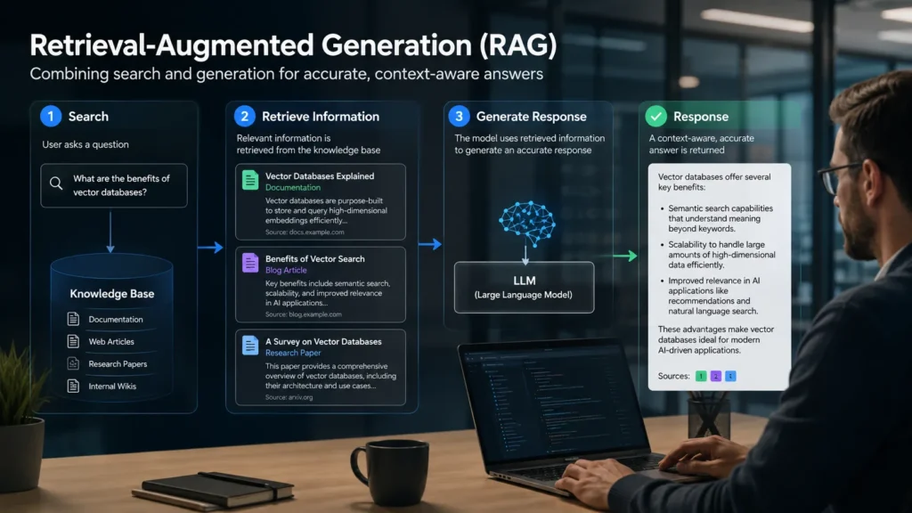 AI Evolution diagram showing Retrieval-Augmented Generation (RAG) connecting search, knowledge retrieval, and large language models to produce more accurate responses.