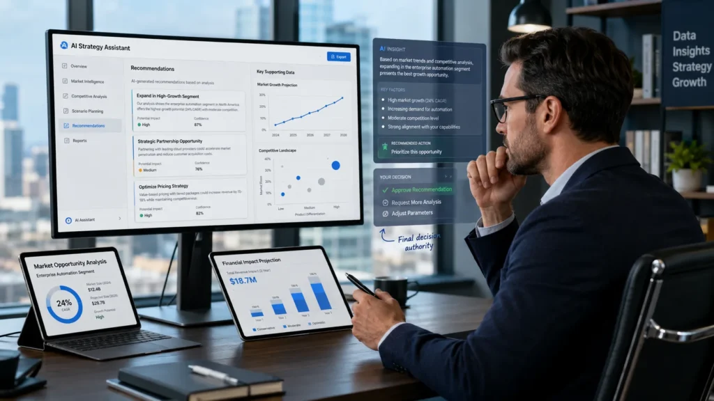 AI Evolution image showing a business leader reviewing AI-generated recommendations, analytics, forecasts, and strategic insights while maintaining final decision-making authority.