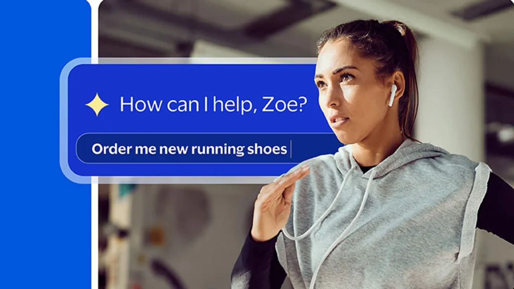 Runner using an AI shopping prompt to order new shoes, showing how Intelligent Commerce can help connect personal product requests with checkout.