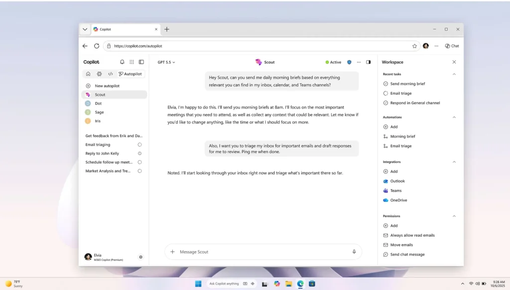Microsoft Scout interface inside Microsoft Copilot Autopilot, showing an always-on AI agent managing daily briefings, email triage, and workplace tasks across Outlook, Teams, and OneDrive. The dashboard highlights Microsoft Scout automations, integrations, and permissions within Microsoft 365.