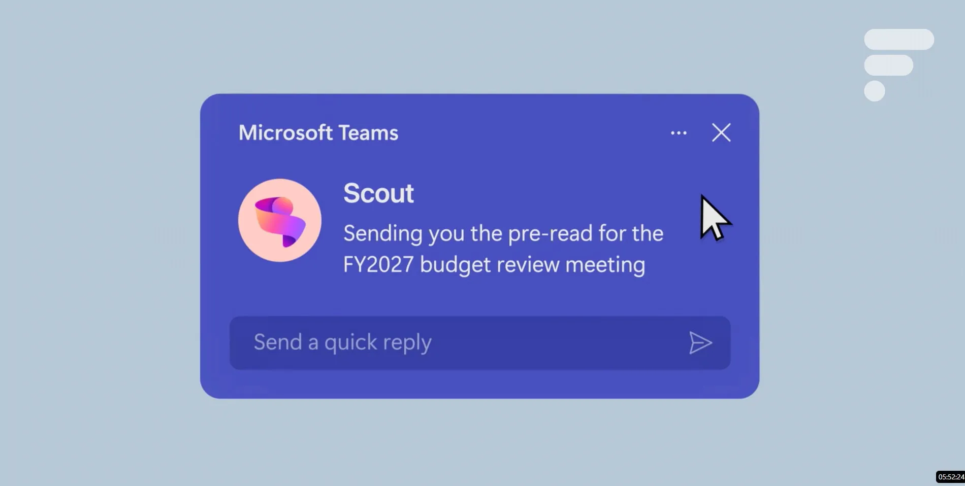 Microsoft Scout notification displayed inside Microsoft Teams, showing an AI-powered assistant sending a pre-read document for a FY2027 budget review meeting. The interface highlights how Microsoft Scout can proactively support workplace tasks and communication across Microsoft 365.