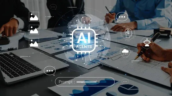 No-Code AI Agent concept displayed over a business meeting with AI-powered workflows, collaboration tools, data analysis, and workplace automation.
