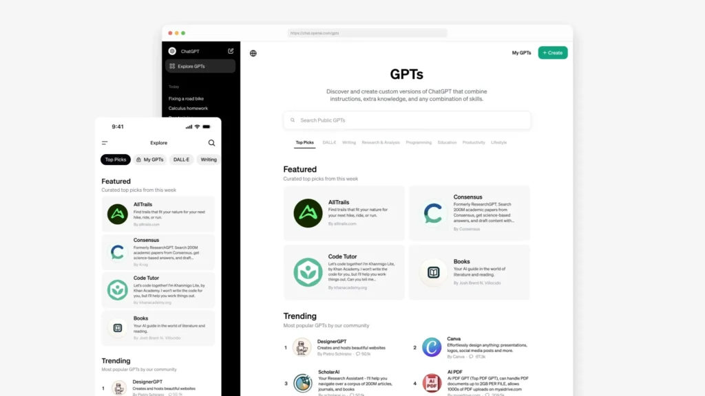 No-Code AI Agent marketplace in ChatGPT showing custom GPTs, featured AI assistants, and tools available across desktop and mobile devices.
