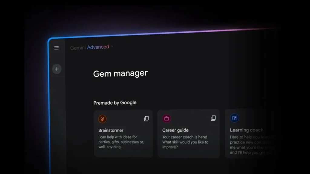 No-Code AI Agent setup screen in Google Gemini Gems showing custom AI experts and premade assistants for productivity, learning, and career guidance.