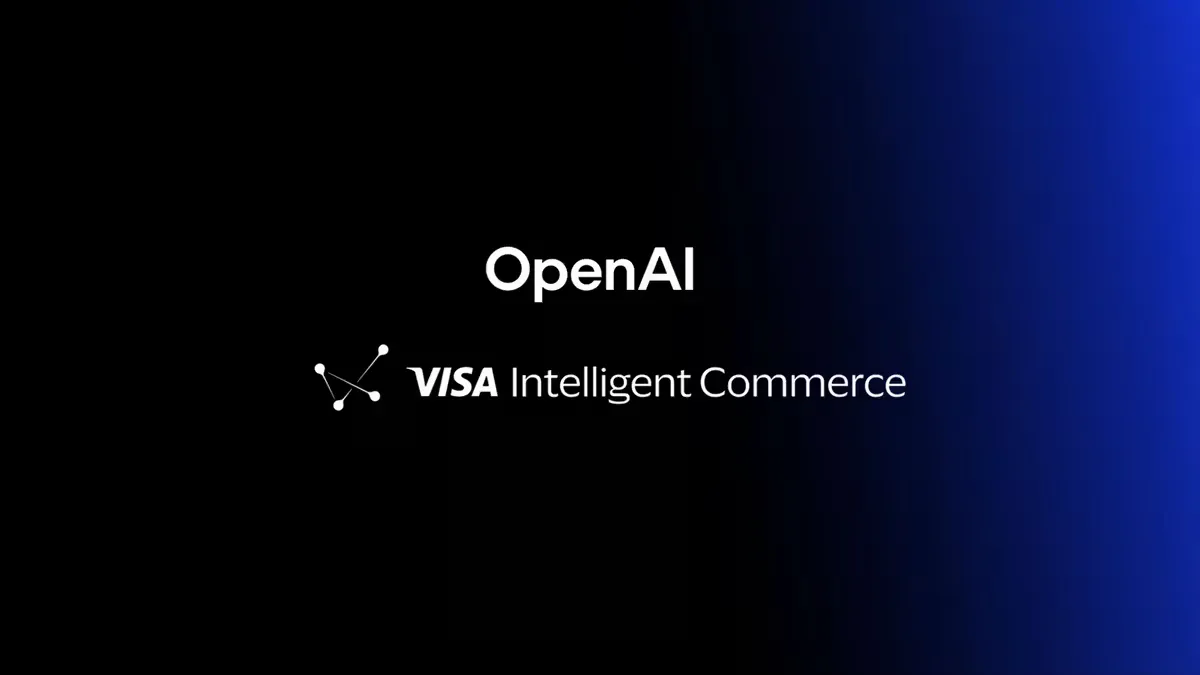 OpenAI and Visa Intelligent Commerce logos on a dark blue gradient background, representing AI-assisted shopping and secure checkout.