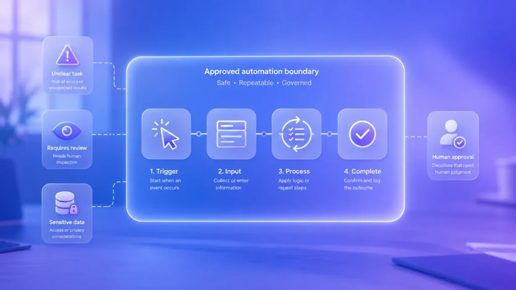 Record & Replay image showing an approved automation boundary with workflow steps, review areas, sensitive data warnings, and human approval.