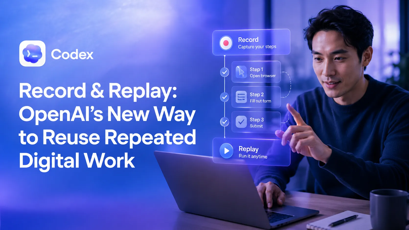 Record & Replay hero image with the Codex logo, a person using a laptop, and a floating step-by-step workflow showing record, task steps, and replay.