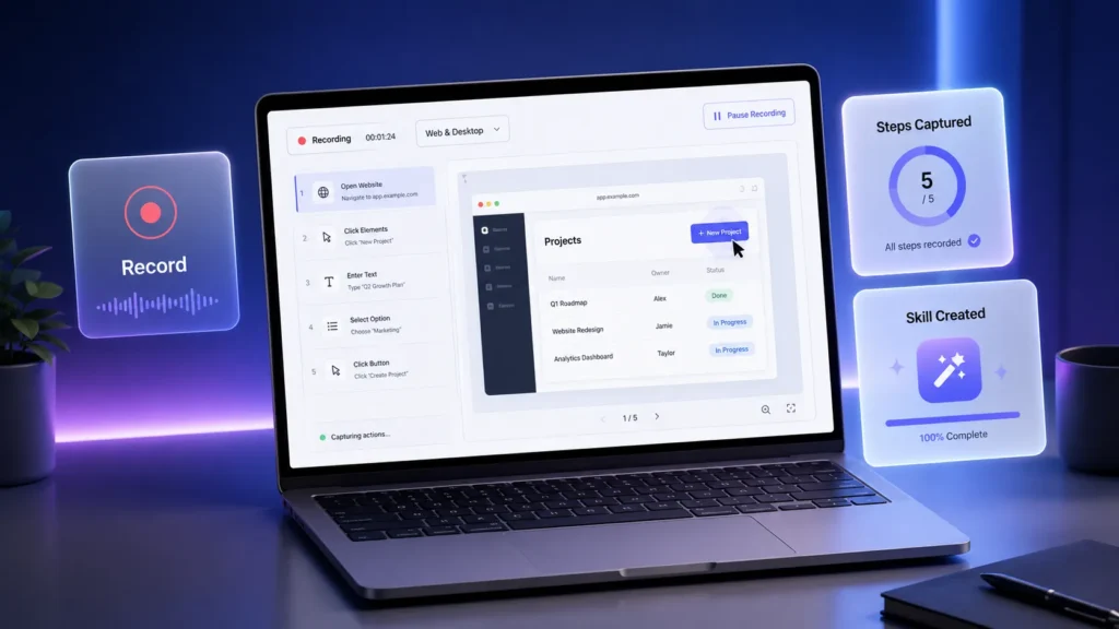 Record & Replay image showing a laptop recording a web and desktop workflow, capturing five task steps, and creating a reusable skill.
