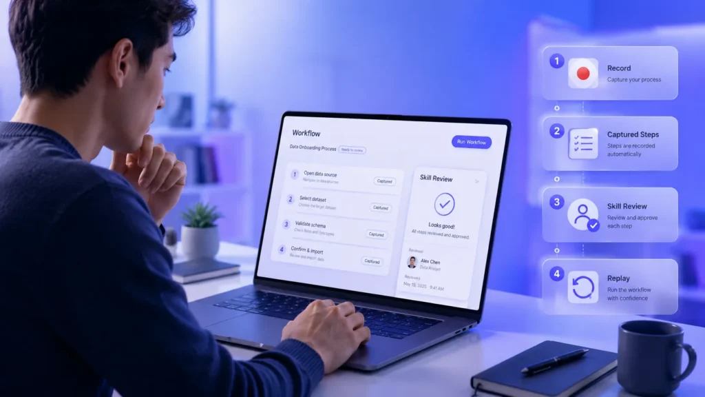 Record & Replay image showing a person reviewing a captured workflow on a laptop, with steps for recording, captured steps, skill review, and replay.