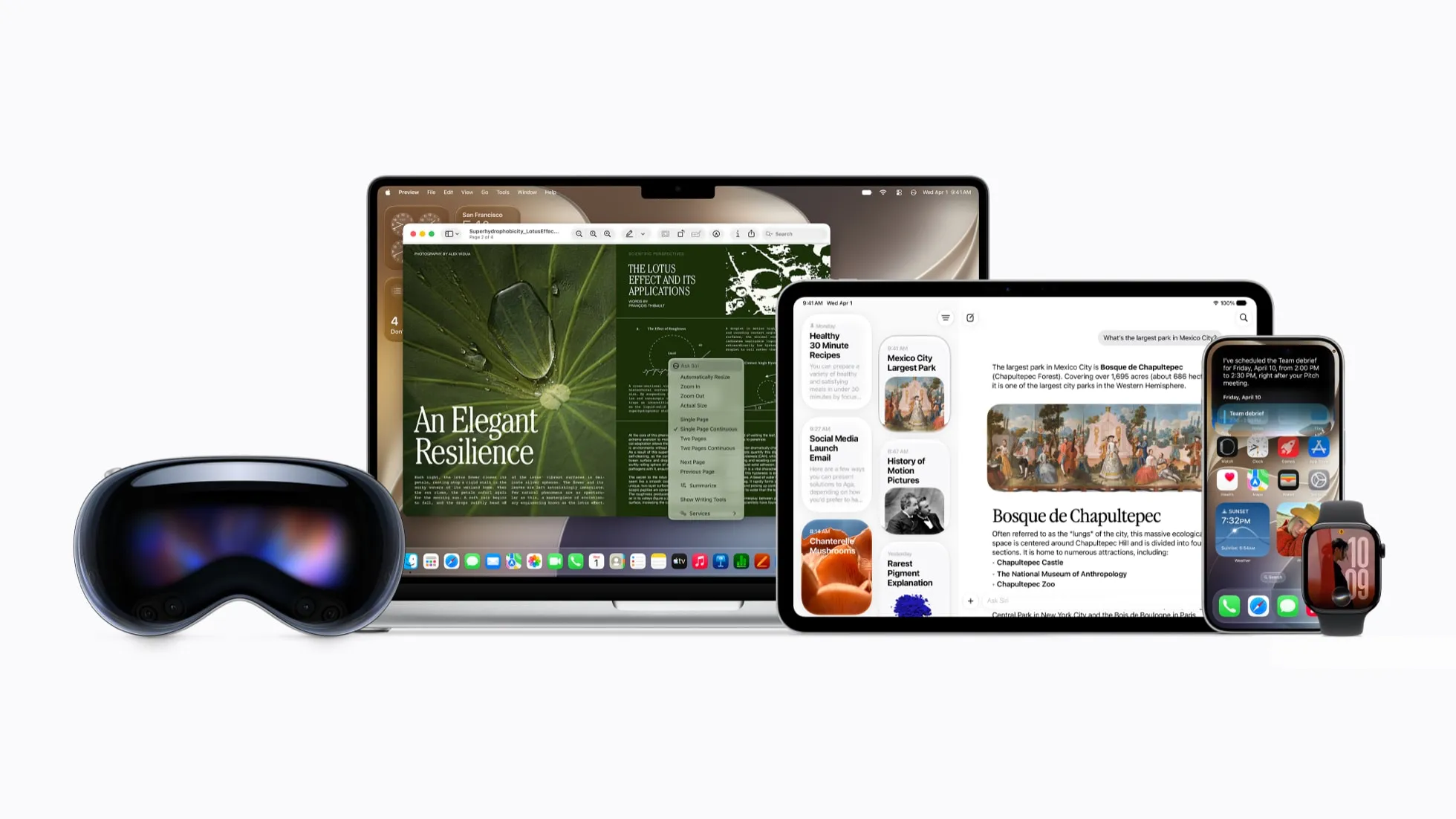 Siri AI displayed across Apple devices, including iPhone, iPad, MacBook, Apple Vision Pro, and Apple Watch, showing connected Apple Intelligence features.