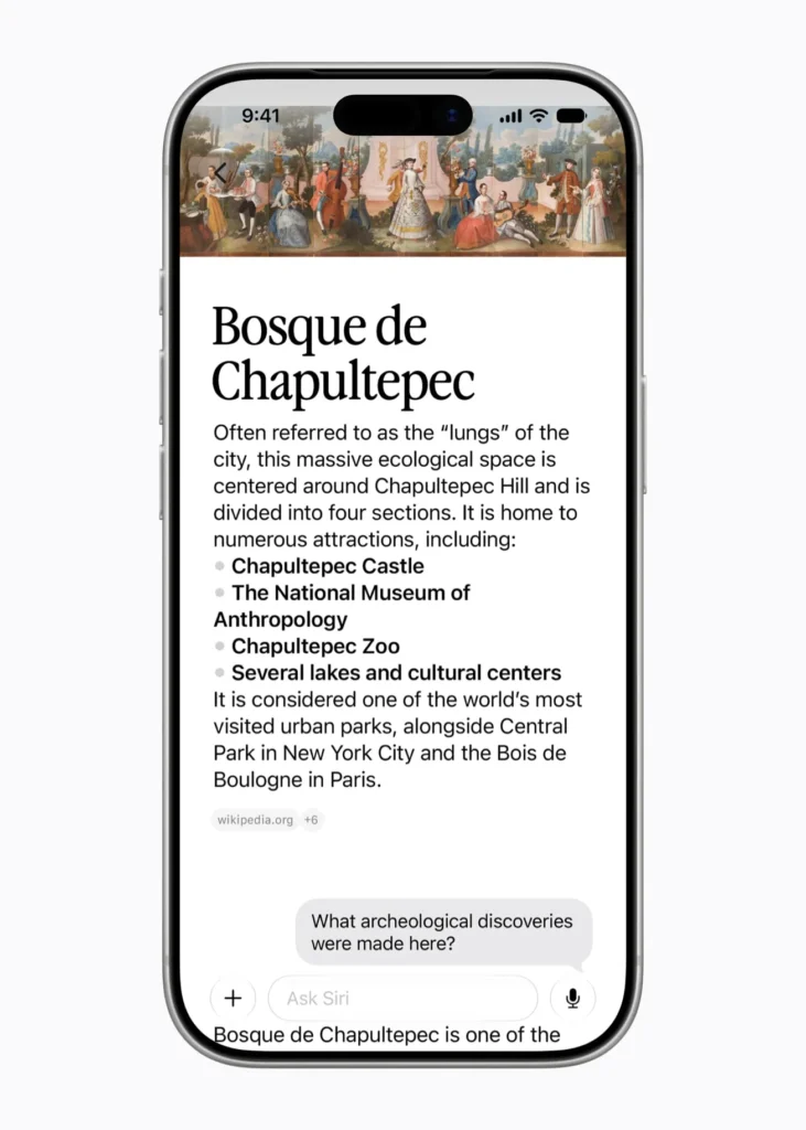 Siri AI shown on an iPhone answering a question about Bosque de Chapultepec, with on-screen information about the park and related follow-up search.