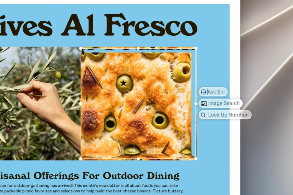 Siri AI shown on a Mac screen offering options to ask Siri, search an image, or look up nutrition for a selected focaccia photo in a food newsletter.