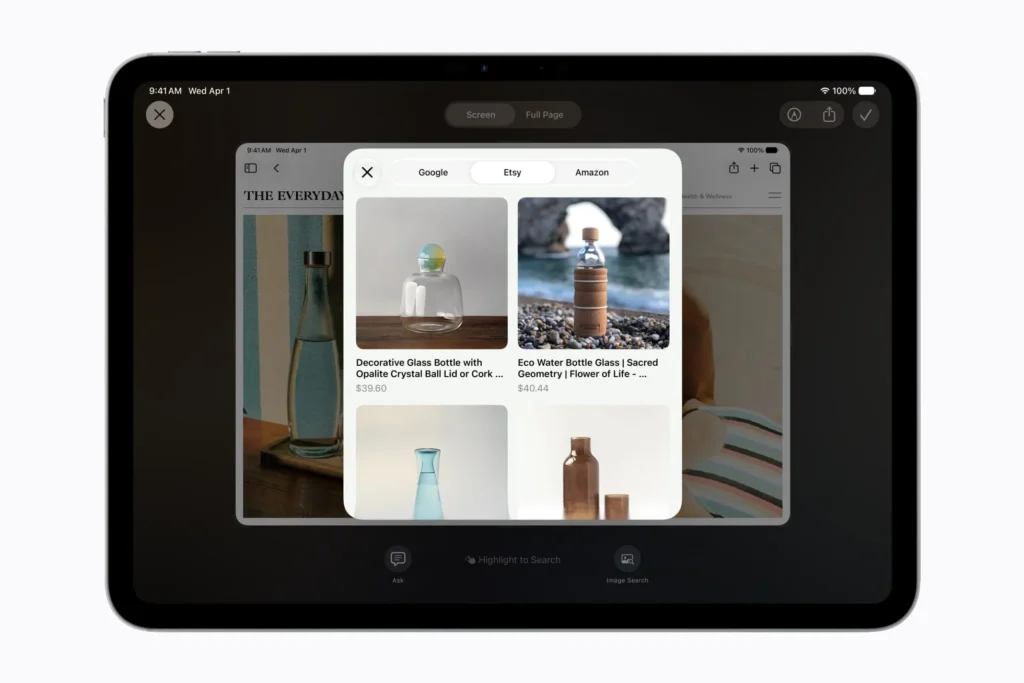 Siri AI shown on an iPad using image search to find similar glass water bottles from an on-screen article or webpage.