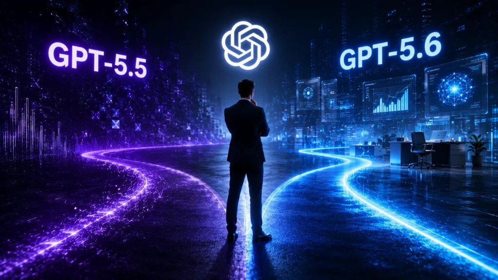 A futuristic comparison image showing GPT-5.6 and GPT-5.5 with the OpenAI logo above a professional standing between two illuminated digital pathways, symbolizing the choice between AI model generations.
