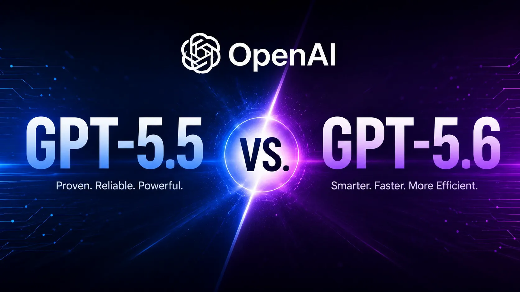 A hero image comparing GPT-5.6 and GPT-5.5 with the OpenAI logo centered above a bold "VS." design, using blue and purple lighting to represent the evolution of OpenAI's latest AI models.