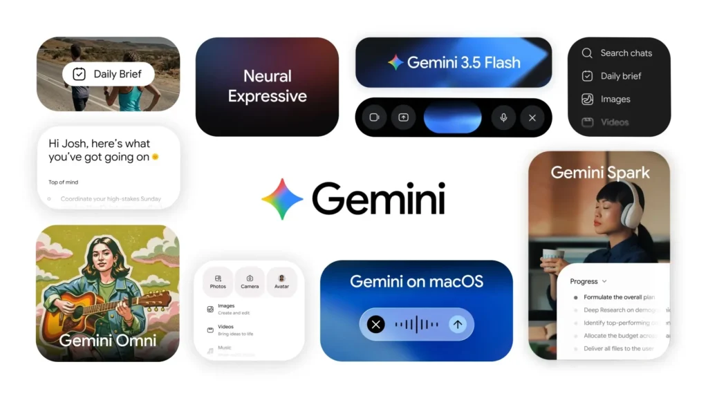 Gemini Spark interface showcasing Google's AI agent features, including macOS support, task automation, daily briefings, connected apps, and multimodal capabilities.