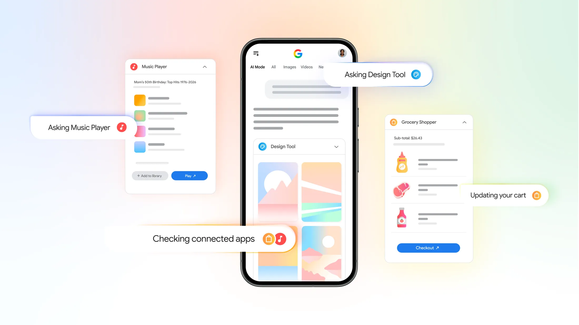 Google AI Mode displaying Connected Apps integrations with a music player, design tool, and grocery shopping service to help users complete tasks directly from Google Search.
