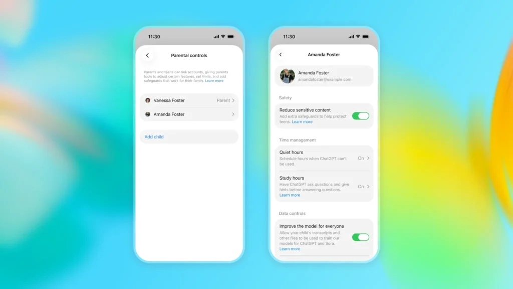 ChatGPT for Teens parental controls showing safety settings, Quiet Hours, Study Hours, and data controls for a linked teen account.