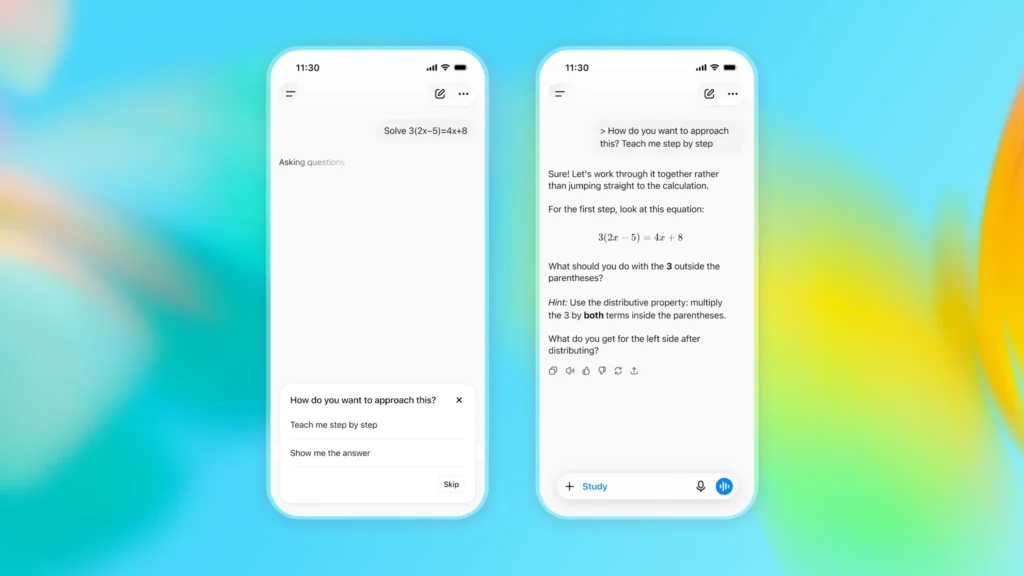ChatGPT for Teens Study Mode showing step-by-step guidance for solving an algebra problem instead of giving the answer immediately.