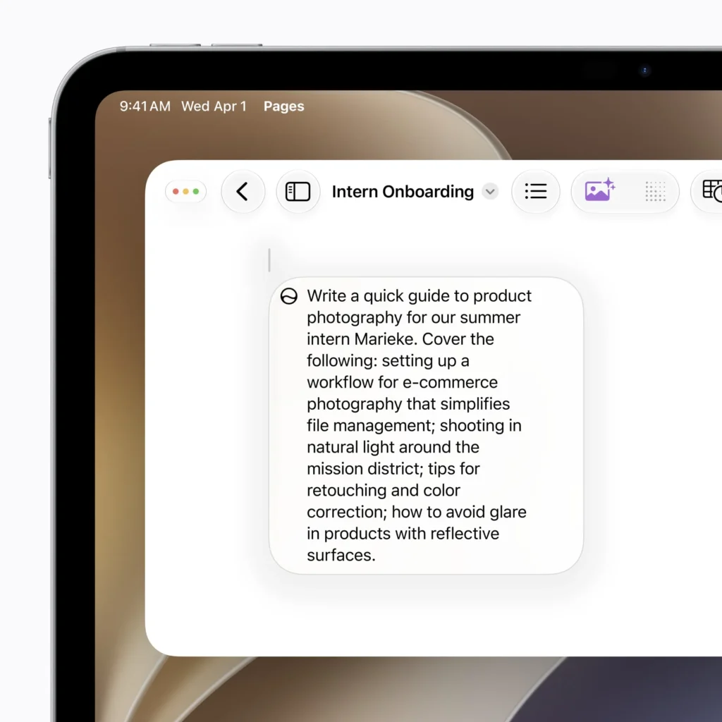 Siri AI integrated Writing Tools creating text inside Pages on iPad