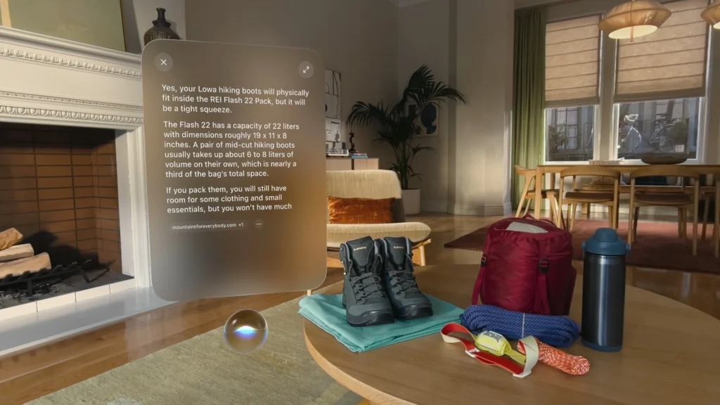 Siri AI and Visual Intelligence analyzing hiking gear in Apple Vision Pro