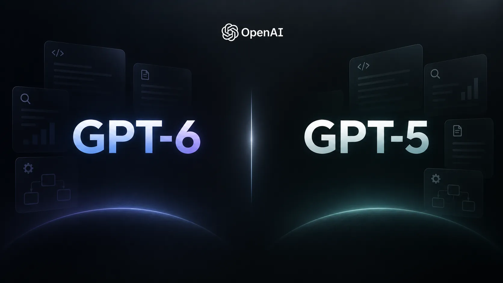 GPT-6 vs. GPT-5 hero image with large bold text, OpenAI logo at the top, a vertical divider, and subtle background interface elements representing coding, research, documents, and automation.
