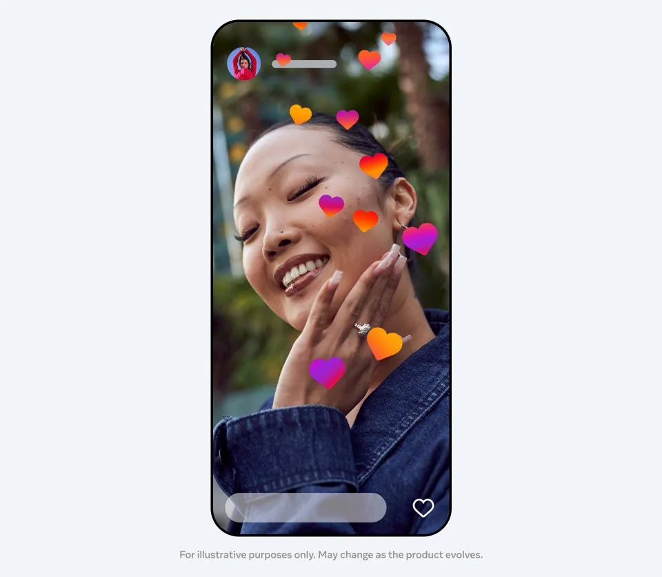 Meta One Instagram Story feature showing animated heart reactions around a user’s Story