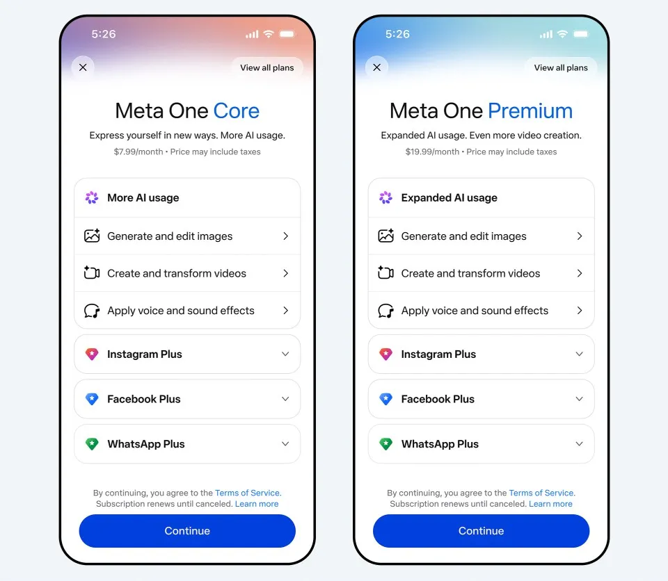  Meta One Core and Meta One Premium subscription plans shown with AI image, video, and voice features