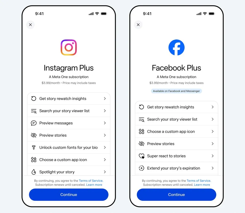Meta One Instagram Plus and Facebook Plus subscription plans showing story, message, font, app icon, and reaction features