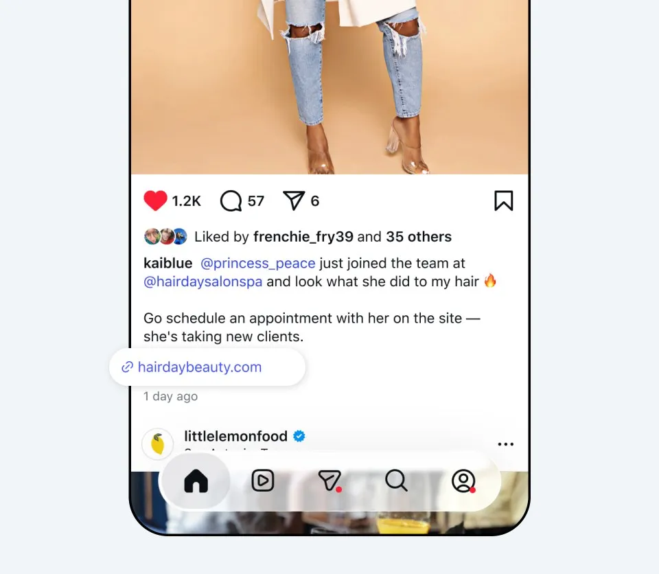 Meta One Instagram post showing a clickable website link for business and creator accounts