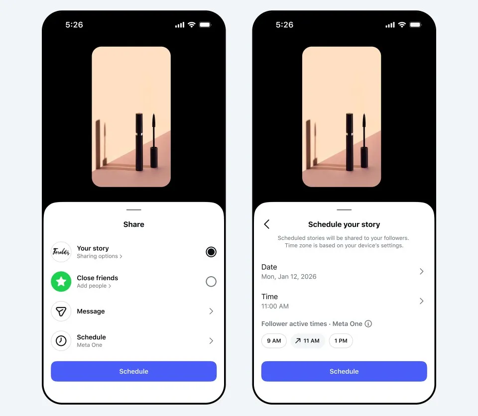 Meta One Instagram Story scheduling feature showing date, time, and follower activity options