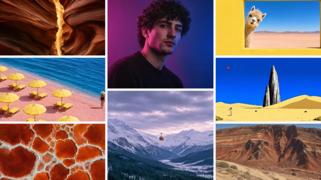Canva Craft AI image generator examples featuring colorful landscapes, a portrait, desert scenery, a beach, and abstract artwork.
