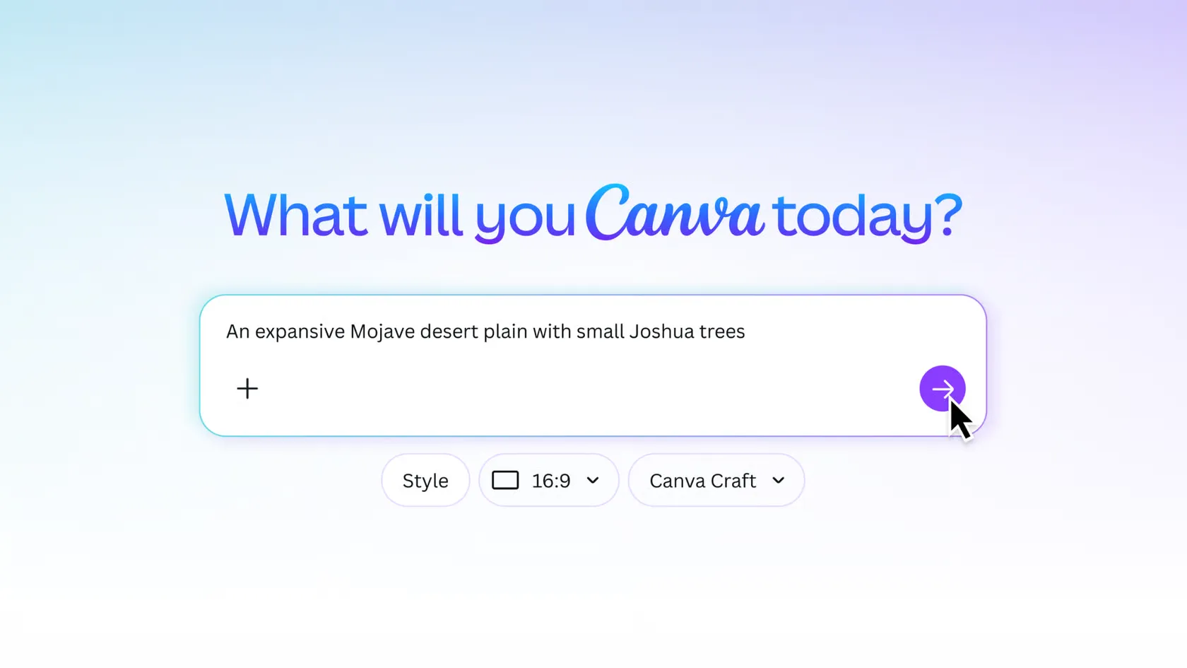 Canva Craft AI image generator showing a text prompt for a Mojave Desert landscape, with style and 16:9 image settings.