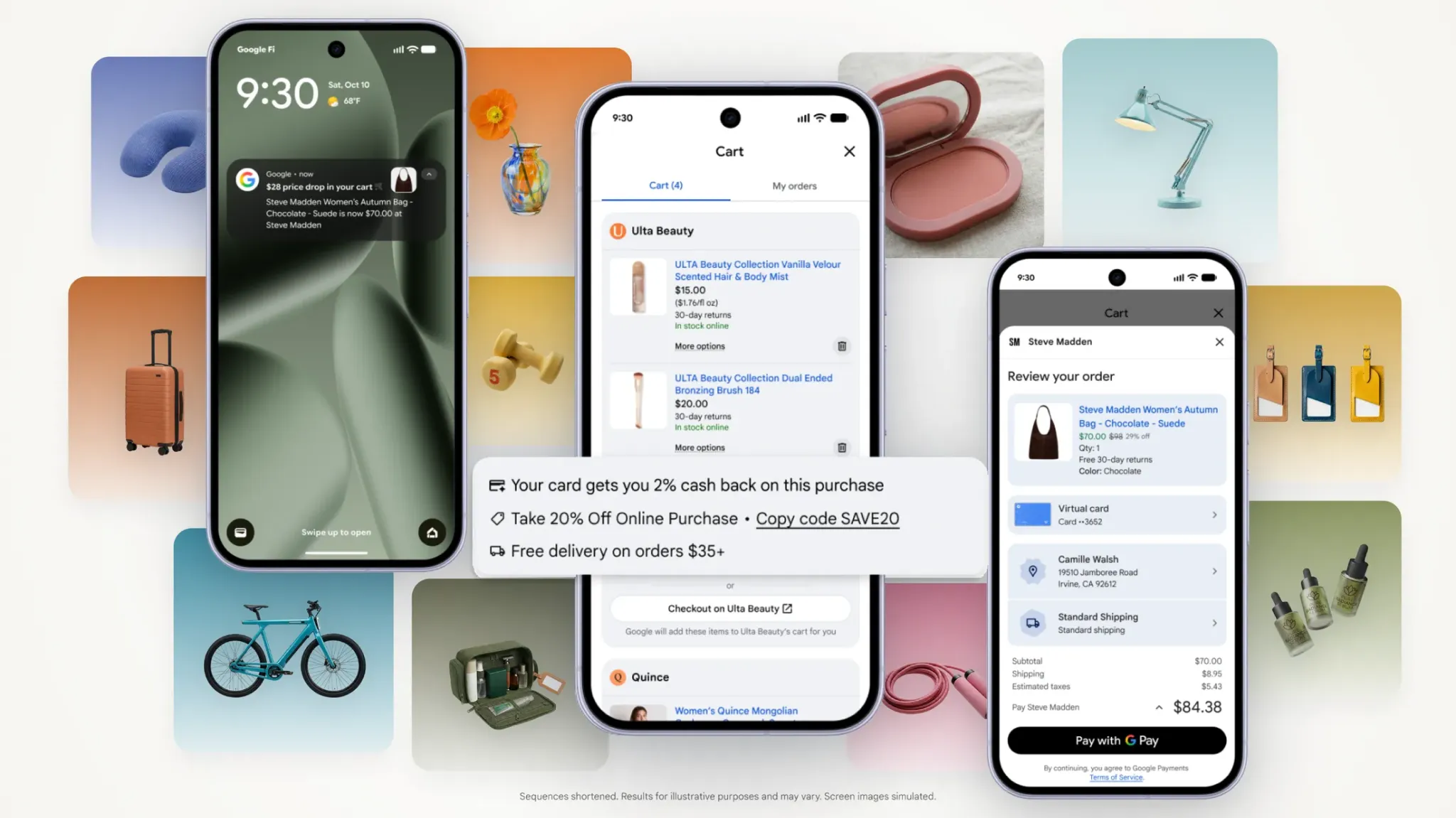 Google Universal Cart AI shopping interface showing price-drop alerts, products from multiple retailers, available discounts, and Google Pay checkout.